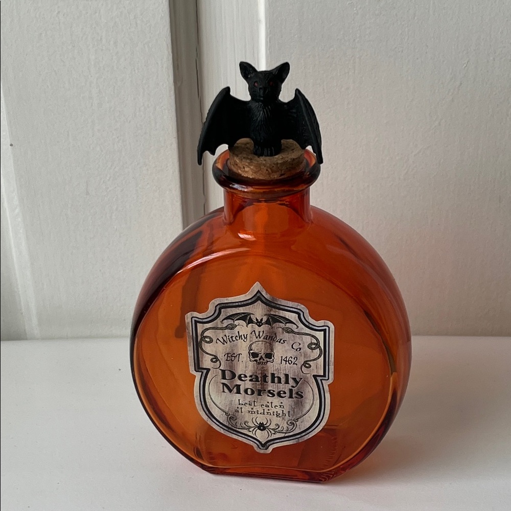 Orange Glass Potion Bottle “Deathly Morsels” Decor with Bat Stopper Halloween - Picture 3 of 5